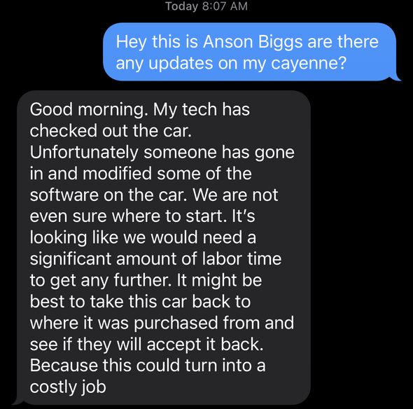 iMessage from Porsche techs telling me the cars software is beyond repair