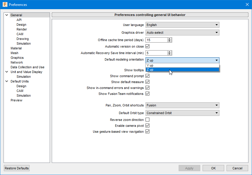 Fusion 360 settings menu where the default modeling orientation is being changed to Z up