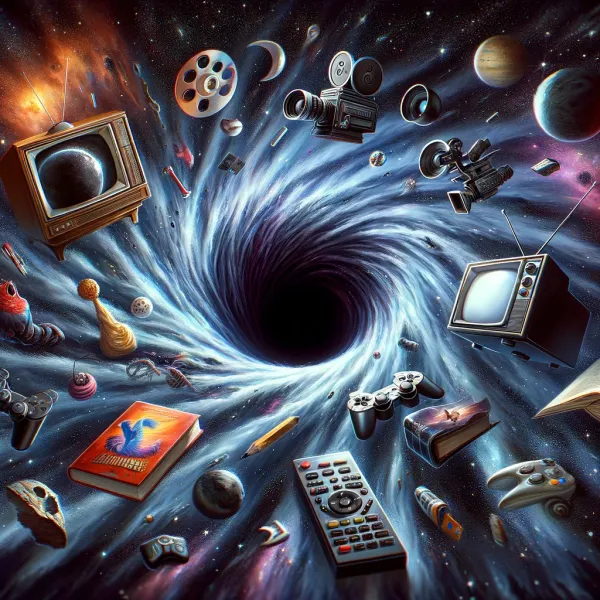 Media, like video games, TVs, movies, and books, being sucked into a large, ominous black hole.
