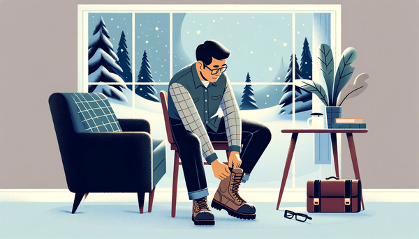 Digital Illustration of a software engineer putting his winter boots on. 