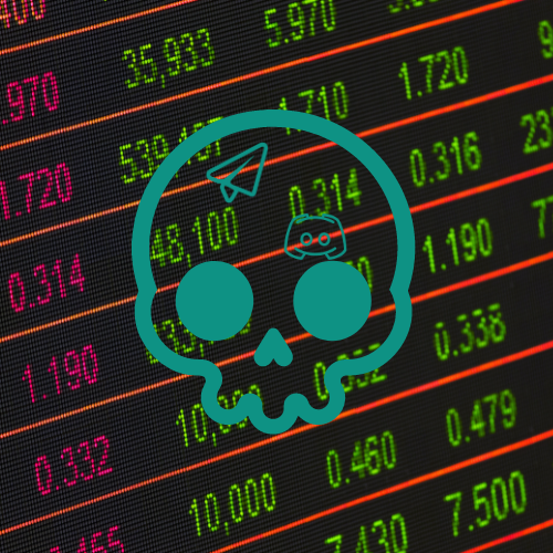 Simple Stock Bot logo edited so that the Discord and Telegram Icons are upside down with a skull above them